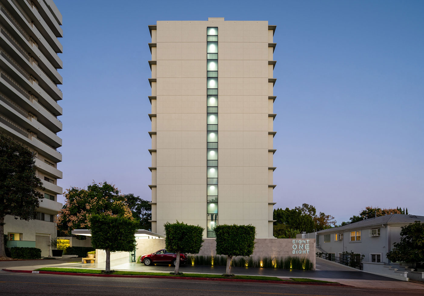 Doheny Plaza exterior at dusk